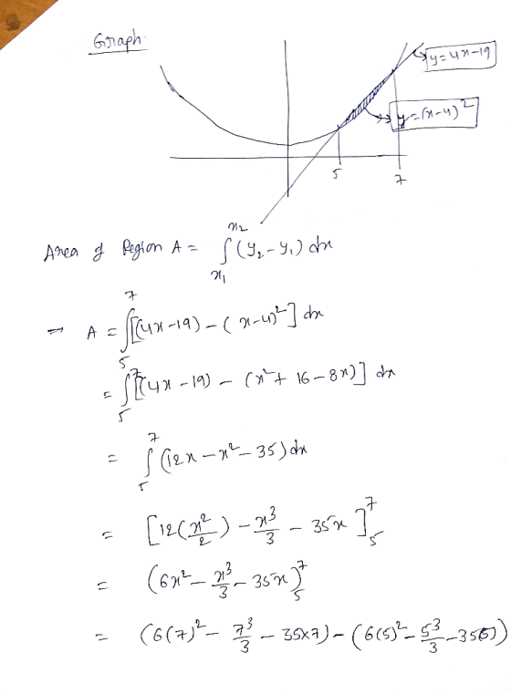 Graph sy=un-19 sy=1-4)? s 7 12 Area g Region A = S (9₂-9,) dhe A = = ſ[un-19) – ( 2-234] 5 Slu run-19) -(4+ 16-80)] da 7 s (1
