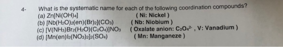 4- What is the systematic name for each of the following coordination compounds? (a) Zn[Ni(OH)4] (Ni: Nickel) (b) (Nb(H2O)2(e