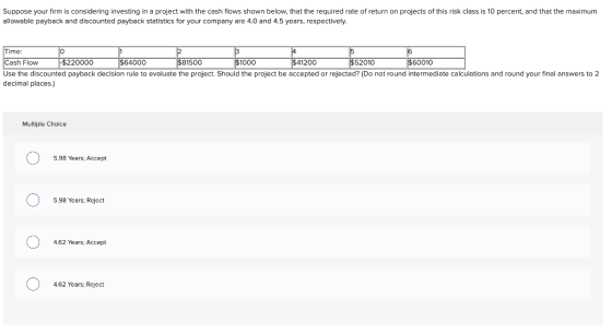 Suppose your firm is considering investing in a project with the cash flows shown below, that the required rate of return on