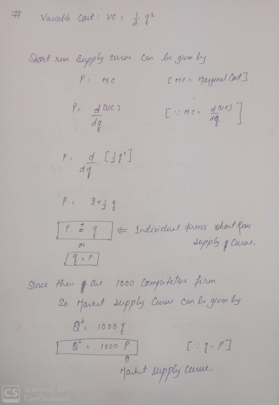 # Variable cart: ve = 1 q² Short run supply came can be given by Pa me [ Mein Marginel Cort] Pe dive] [MC2 od (vej 7 Po d [de