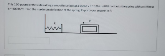 This 150-pound crate slides along a smooth surface at a speed v = 10 ft/s until it contacts the spring with a stiffness k 400