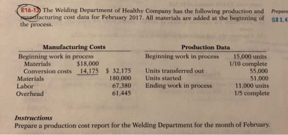 E16-13) The Welding Department of Healthy Company has the following production and Prepare anafacturing cost data for Februar