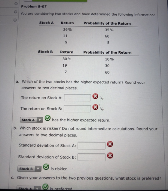 Problem 8-07 You are considering two stocks and have determined the following information: Stock A Return 26% Probability of