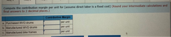 Compute the contribution margin per unit for (assume direct labor is a fixed cost] (Round your intermediate calculations and