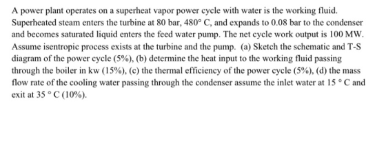 A power plant operates on a superheat vapor power cycle with water is the working fluid. Superheated steam enters the turbine