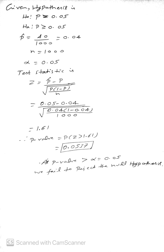 Criven, Hypothesis is Ho! Pro.o5 Ha! Poros Ñ - 40 1000 O 04 halooo a=0.05 Test statistic is 2- 5-P P(1-P) -0.05-0-04 0.04(1-0