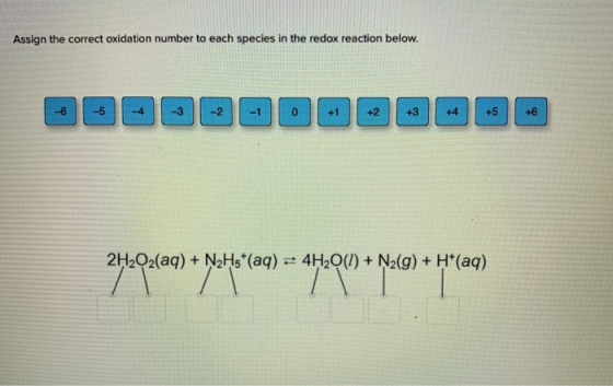 Assign the correct oxidation number to each species in the redox reaction below. BBBBBBBBBBBBB -6 +2 +5 +6 2H2O2(aq) + Ņ2H5+(