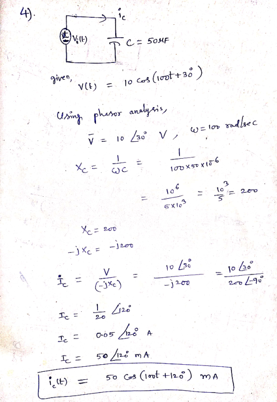 0x403FC - SOUF given, vcej = 10 cos (100+ 38 ) using phasor analysis, Ta jo 130° V, WE low . : cc - - - hot 20 200 58103 Xc =