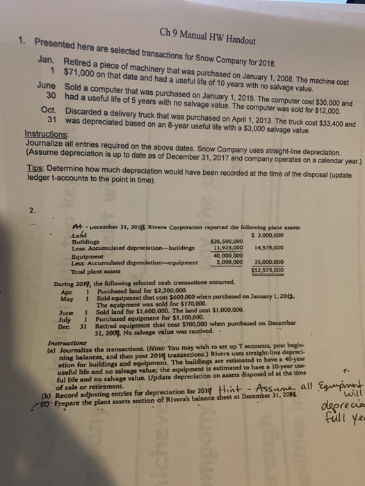 Ch 9 Manual HW Handout 1. Presented here are selected transactions for Snow Company for 2018. Jan. Retired a piece of machine
