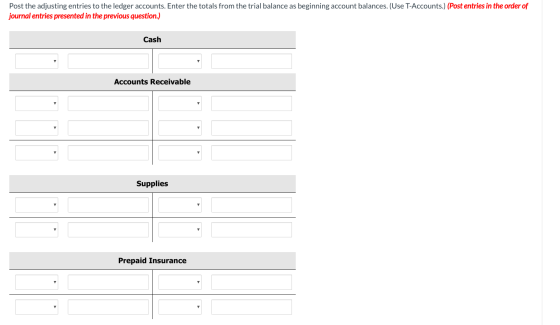 Post the adjusting entries to the ledger accounts. Enter the totals from the trial balance as beginning account balances. (Us