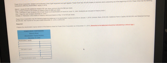Power Dive Corponation designs and produces a tine of ol eqsipment and goll appared. Power Drive has 100 000 ss of cemmon steck outslanding as of the beginingof Powr Drivehas the folowing fecting stocahoisers 65,000 aonal sares of $1 par value common stock tor 562 per shae equity in 20 May 10 Repurchases 6,000 shares of treasury stock for 565 per share June 1 Declares a July 1 Pays the cash dividend declared on June 1 21 Reissues 3,000shares of treasury soc purchaned on May 10 for $70 pers Power Drive Corporstion has he falowng begineing baancesinckhalders equtys Required Prepare the stocknoloers equty section of the balance sheet for Power Drive Carporasion as of cee 1.3018 (Amounts to be of Decene 31.2018 (munts to be deducted shouid be Indicated by a minus sign ance She