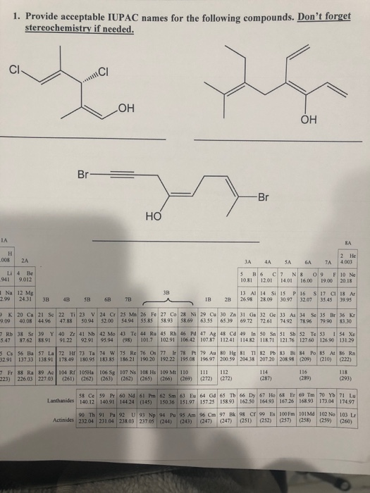 1. Provide acceptable IUPAC names for the following compounds. Dont forget stereochemistry if needed. OH L4 Be 041 9.012 3A