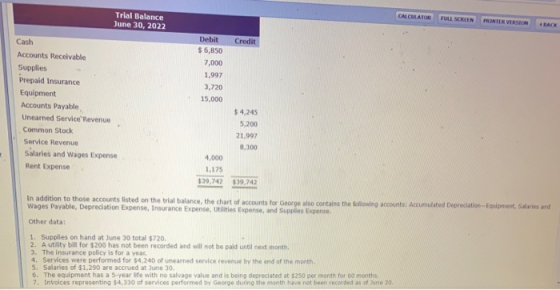 CALCULATOR Trial Balance June 30, 2022 FULL SCREEN PRINTER VERSION BACK Credit Debit $ 6,850 7,000 1,997 3,720 15,000 Cash Ac