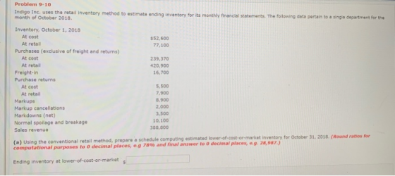 Problem 9-10 Indigo Inc. uses the retail inventory method to estimate ending Inventory for its monthly financial statements.