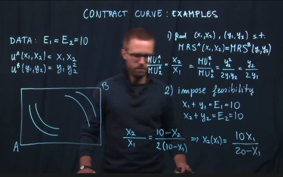 CONTRACT CURVE : EXAMPLES 1) fiaud (X,,X2), (Y,,Y₂) s.t. MRS*(x..X2)=MRS® 14,42) DATA : E,- E2=10 uA (x1,x2)X, X2 u® (,42) =