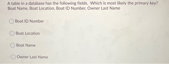 A table in a database has the following fields. Which is most likely the primary key? Boat Name, Boat Location, Boat ID Numbe