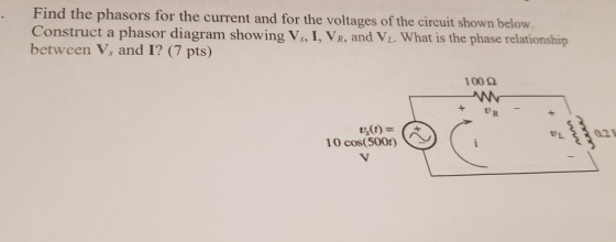Find the phasors for the current and for the voltages of the circuit shown below. Construct a phasor diagram showing VS, I, V