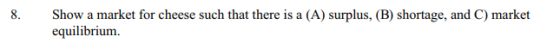 8. Show a market for cheese such that there is a (A) surplus, (B) shortage, and C) market equilibrium.