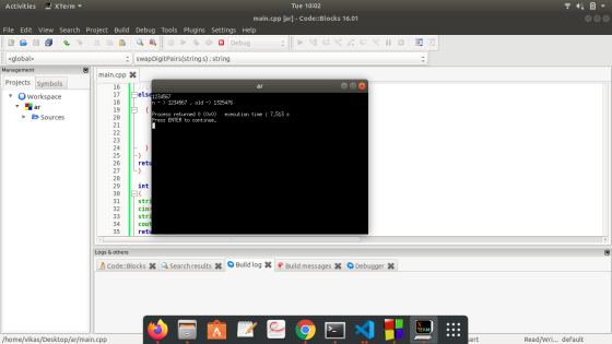 Activities XTerm Tue 10:02 main.cpp [ar] - Code::Blocks 16.01 File Edit View Search Project Build Debug Tools Plugins Setting