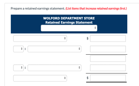Prepare a retained earnings statement. (List items that increase retained earnings first.) WOLFORD DEPARTMENT STORE Retained