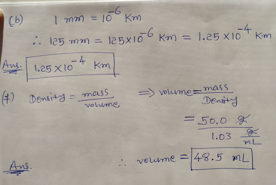 Cb) Km 10 mmm -4 Km 1.25 X10 .. i25 m Kar 125x10 -4 Km Aus.1.25 XIo Voluume mass Denstd 4) Densitd mass vohme 50.0 1.03 |48.5