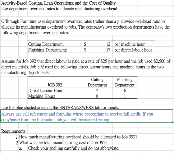Activity-Based Costing, Lean Operations, and the Cost of Quality Use department overhead rates to allocate manufacturing over
