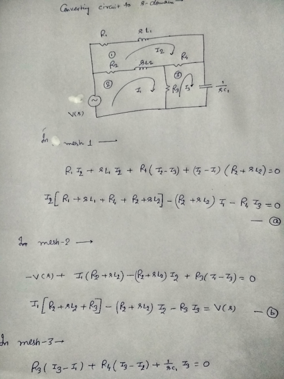 8-domain Converting cirauit to R. Rz VI8) mesh 1 - R. Iq + 8L, Iq + Ri(- T3) + (5-7) (R+34)=0 [ R +a4, + P + Pz +a]- (& +*4)