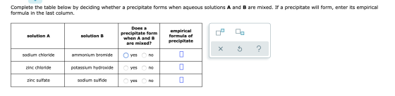 Complete the table below by deciding whether a precipitate forms when aqueous solutions A and B are mixed. If a precipitate w