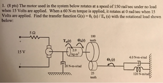 1. (8 pts) The motor used in the system below rotates at a speed of 150 rad/sec under no load when 15 Volts are applied. When a 60 N-m torque is applied, it rotates at 0 rad/sec when 15 Volts are applied. Find the transfer function G(s) -0L (s)/ Ea (s) with the rotational load shown below: 5Ω 100 T,(t) Θ.(1) teeth 2.0 15 V 4.0 N-m-s/rad 20 N-m-s/rad 25 teeth 120 N-m/rad