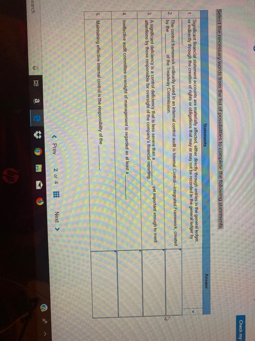 3, Check my Select the necessary words from the list of possibilities to complete the following statements, Statements Answer