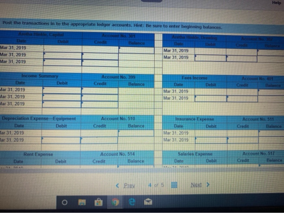 Help Post the transactions in to the appropriate ledger accounts. Hint: Be sure to enter beginning balances. Aretha Hinkle, C