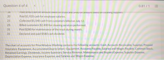 Question 4 of 4 < 0.81/ 15 10 20 21 25 Pala >You can on amount owed on truck and >400 on amount owed on cleaning supplies. Pa