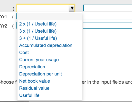 Yr1 ( Yr2 (2x (1 / Useful life) 3 x (1/ Useful life) 3 + (1/ Useful life) Accumulated depreciation Cost Current year usage De