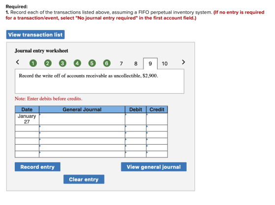 Required: 1. Record each of the transactions listed above, assuming a FIFO perpetual inventory system. (If no entry is requir