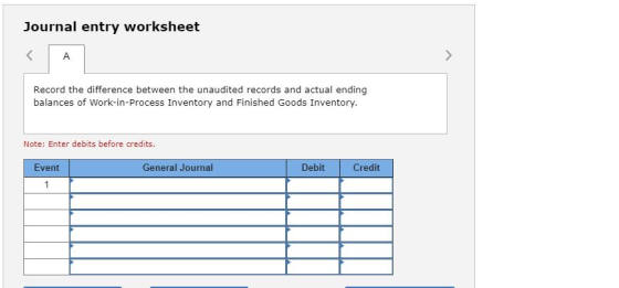 Journal entry worksheet Record the difference between the unaudited records and actual ending balances of Work-in-Process Inv