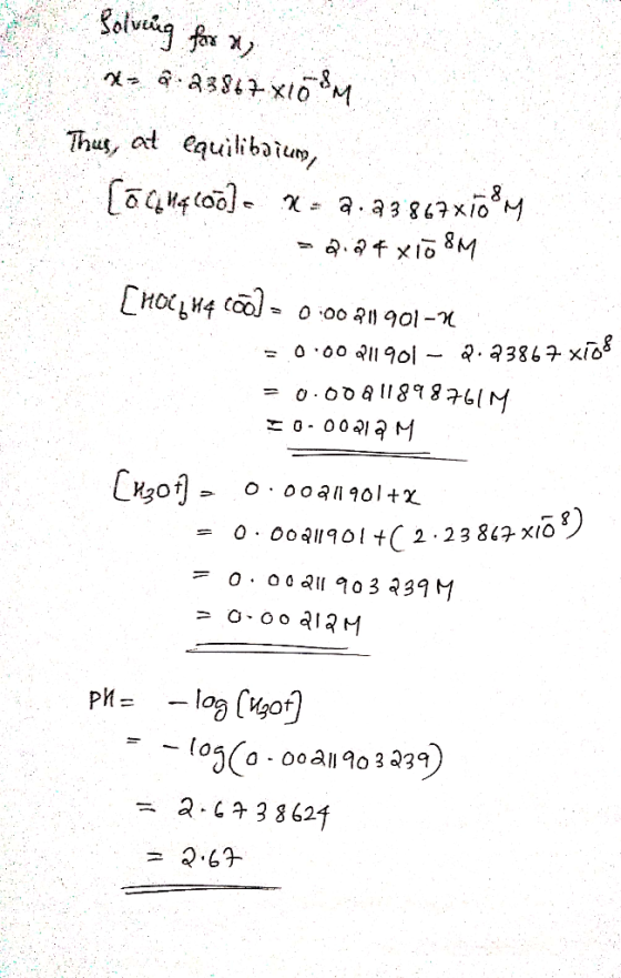 Solving for my no :23867x108M Thus, at equilibdien, [o Cl Hepcoo] x= 2.23867x1õøn : >2.94xio&M [HOCL14 COD] = 0:00 211901-76