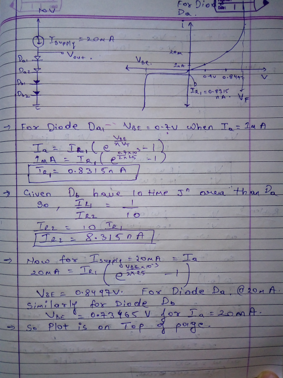 For Dioda Da. A - 200 A ♡ I supply Vour. Dar Daz t IMA 0.8445 Dez IRI=0.8315 1 VE For Diode Dar NBE = 0.2V when I a = 1M A UB