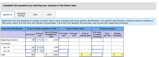 Complete this questions by entering your answers in the below tabs. Specific Id Weighted Average FIFO LIFO Determine the cost