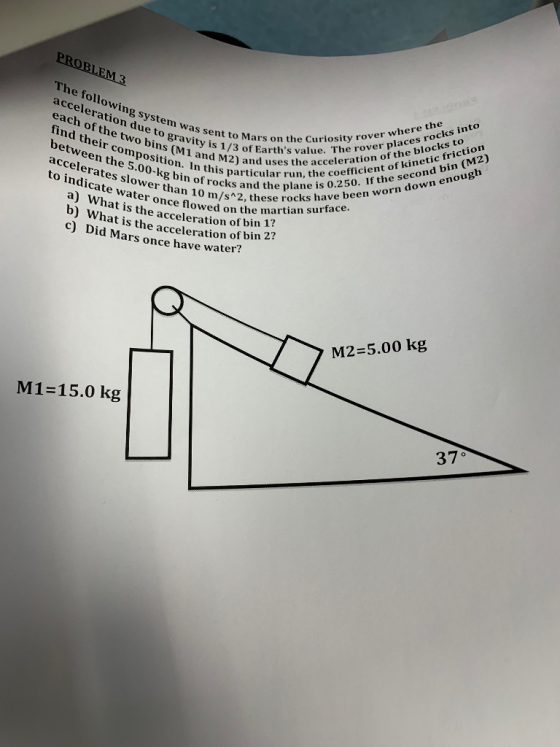 PROBLEM 3 The followin into is 1/3 ors on the Curiosity rover where the n of rocks and the plane is as sent to Mars on the Curiosity ro gravity is 1/3 of Earths value cks WhaIs th o»ce /nd thepla the coefficient of kinetic friction Di t is the accelwed on-, these s 0.250. If the second bin (M2) Earths nd uses the The rover places ro acceompoi* (M1 accelerates slower than o In this parte celeration of the blocks to 00.on. l particular run, the coefficient o to indicate water once flowed on the down enough 10 m/s een ns2, these rocks have been worn t is the acceleration of bin 1? ci Diaatis the acceleration of bin 2? d Mars once have water? M2-5.00 kg M1-15.0 kg 37