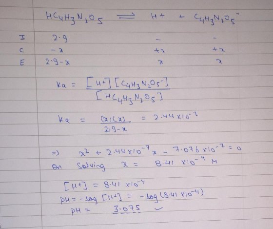 HC y Hz Nor - H+ + C4H₂N₂O тон 2.9 - a 2.9-a ta ka = [ 4+] [ CulH3N₂O5 ] [HC y Hq N Os I ka = = 2.44xlo7 (xcx) 29-a = x2 + 2.