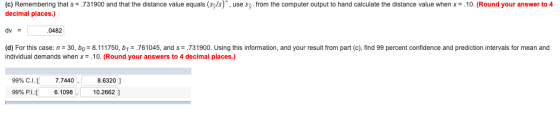 (c) Remembering that s = .731900 and that the distance value equals (sz/s), use sq. from the computer output to hand calculat