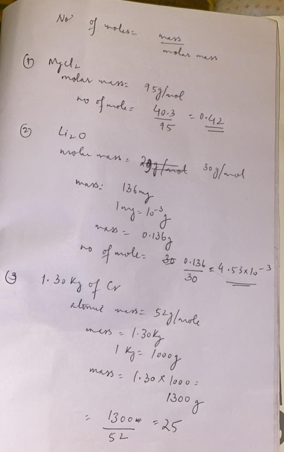 No of moles oler Mycle molar wasse 95g/mol no of mole= 40.3 -0.42 & 95 Lizo 95 0.42 moler mass: 29g fandt 30g/mol mass: 136 m