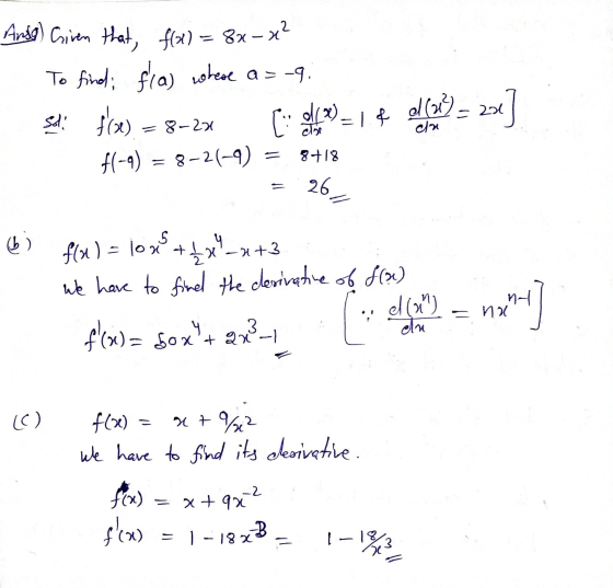 clbe Anda) Given that f(x)=8x-x² - To find; fla) where a=-9. solo flox) = 8-234 [i dolfyn) = 1.f ofan) = 232] f(-9) = 8-21-9)