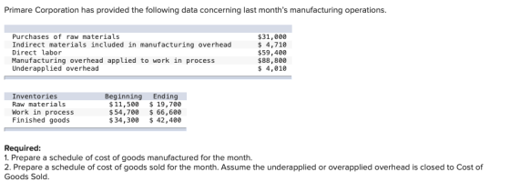 Primare Corporation has provided the following data concerning last months manufacturing operations. Purchases of raw materi