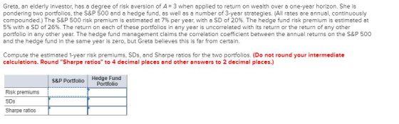Greta, an elderly investor, has a degree of risk aversion of A = 3 when applied to return on wealth over a one-year horizon.