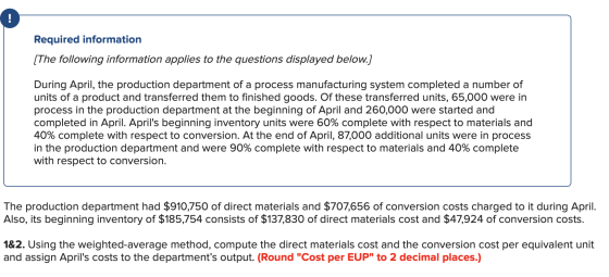 Required information [The following information applies to the questions displayed below.] During April, the production depar