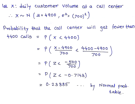 lot X daily customer volume at a cal) center Probability that tha call center will ge fewer than 4400 Calls = p(X 4400) -p X-490D 4400-4900 70 0 70o 0.23885 b Normal prob . Lable