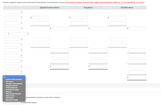 Prepare a segment margin income statement for Shoe Shocks two distribution channels. (If the amount is negative then enter w