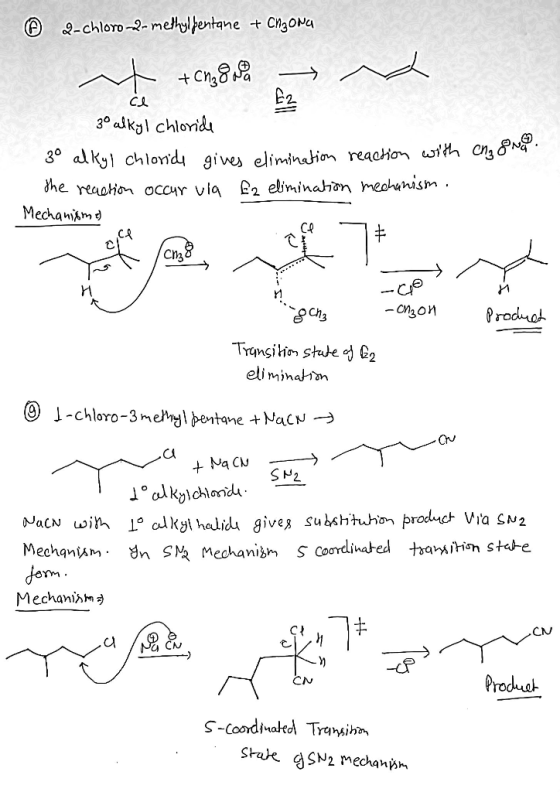 2-chloro-2-methylpentane + Cngona t +Cn₂8 y a СА 3° alkyl chloride 3° alkyl chloride gives elimination reaction with enz 8Na.