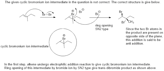 The given cyclic bromonium ion intermediate in the question is not corrrect. The correct structure is give below. O Br Br Br